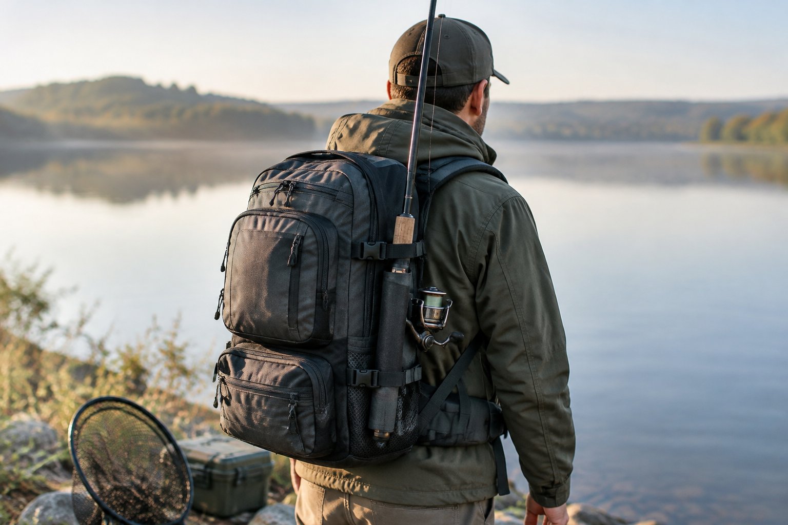 An angler wearing a fishing backpack with a rod secured in its holder beside a lake.