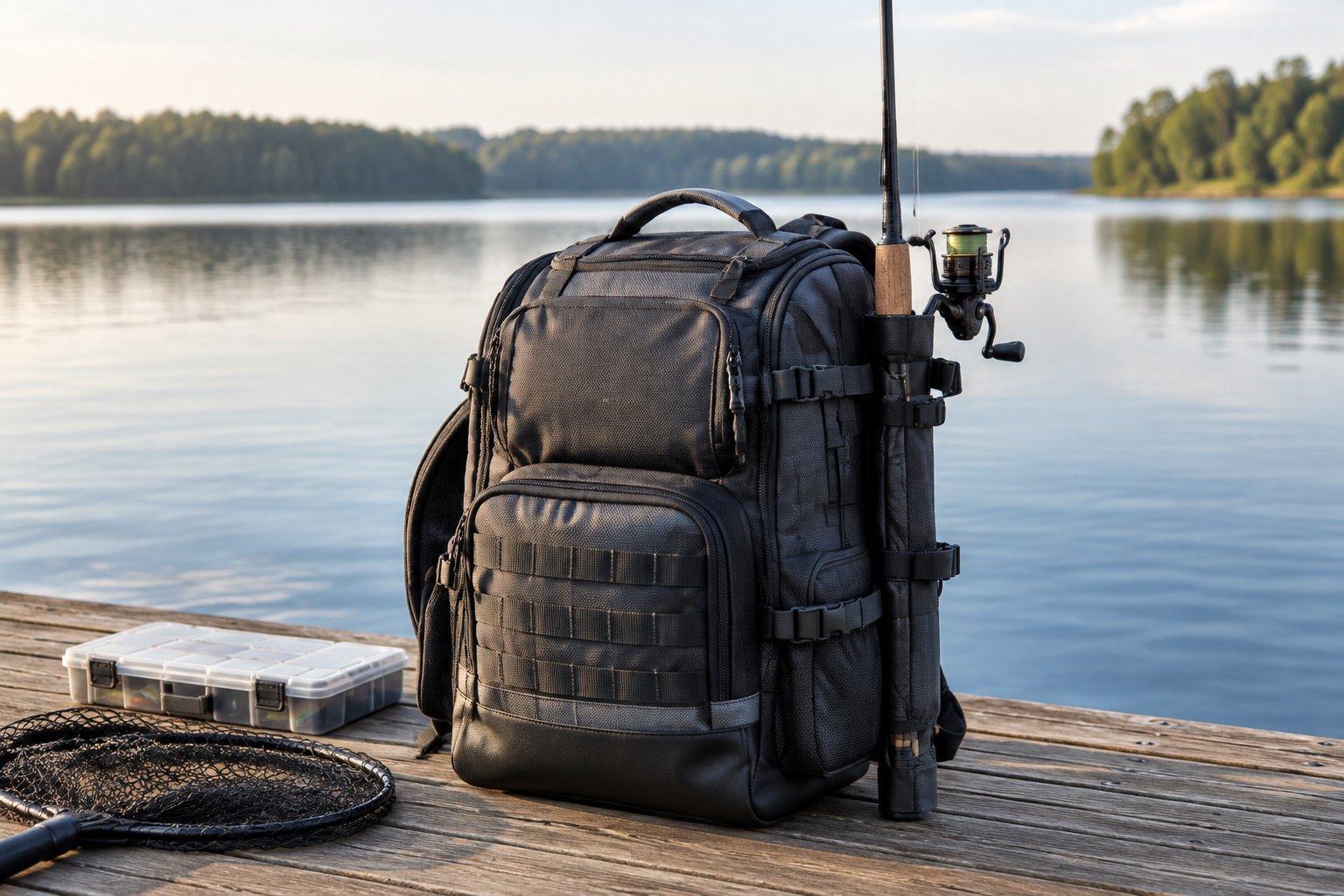 A fishing tackle backpack with a rod secured beside a calm lake.