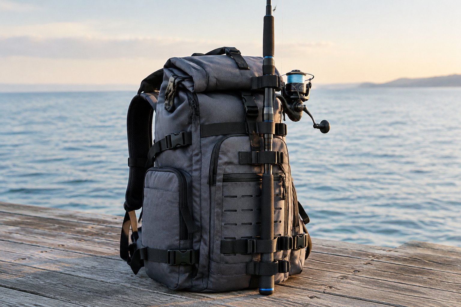 A fishing rod secured to a backpack on a seaside pier.