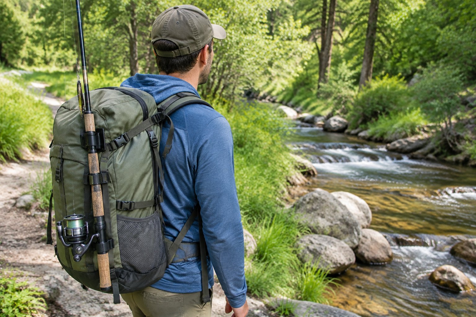 A hiker carries a fishing rod clipped to a backpack beside a creek.