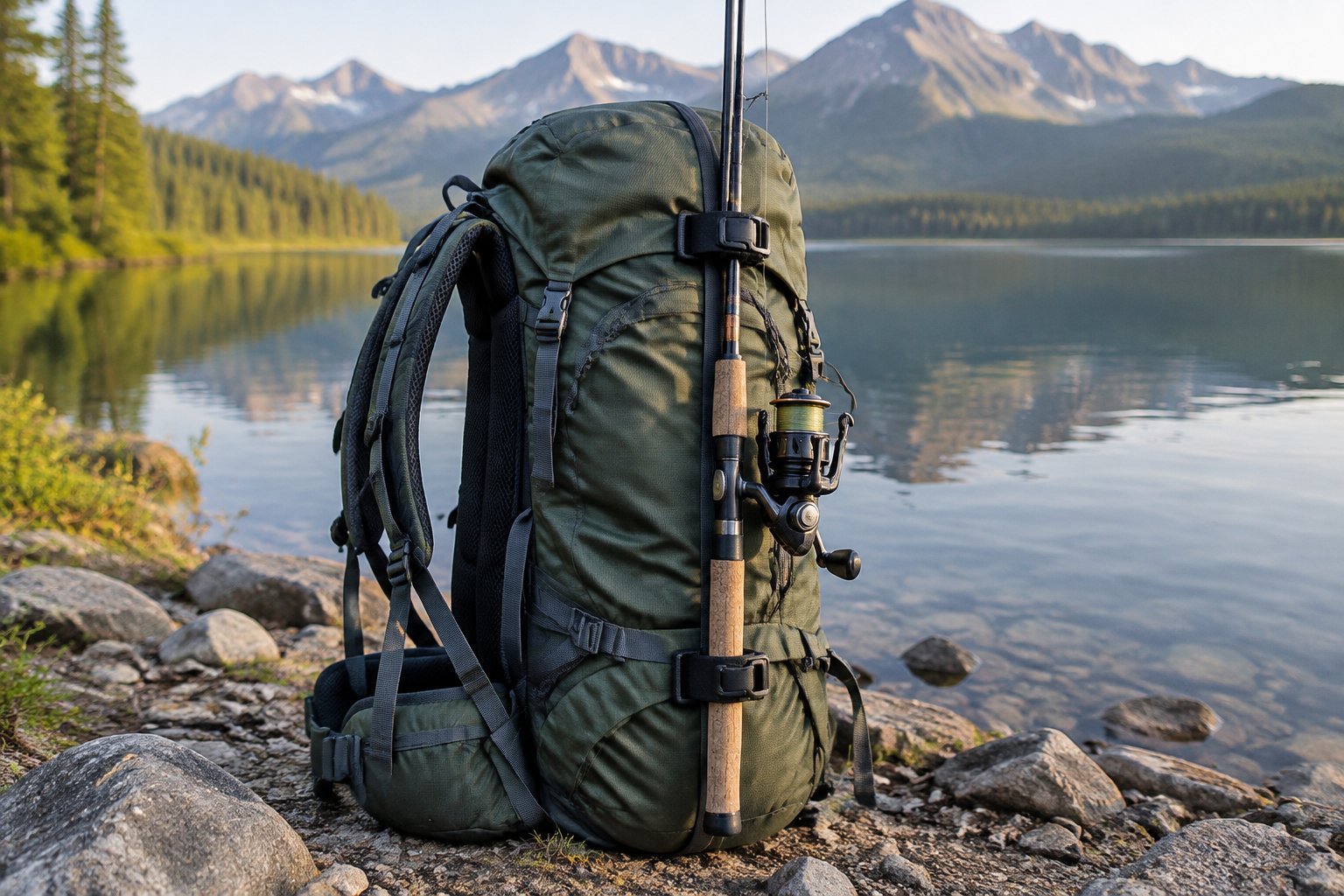 A fishing rod secured to a hiking backpack with flexible straps beside a mountain lake.