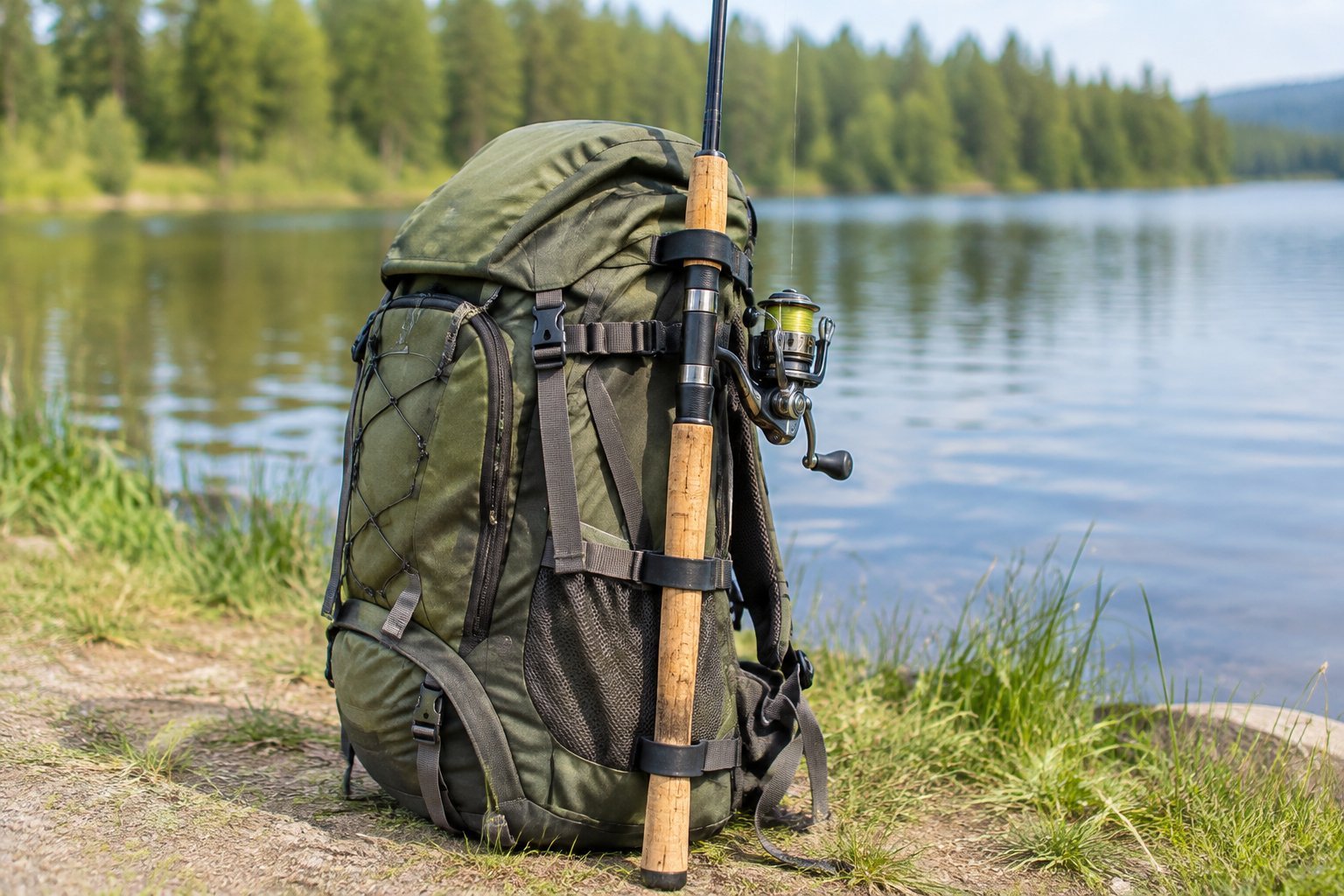 A fishing rod secured to the side of a backpack with rubber twist ties beside a lake.