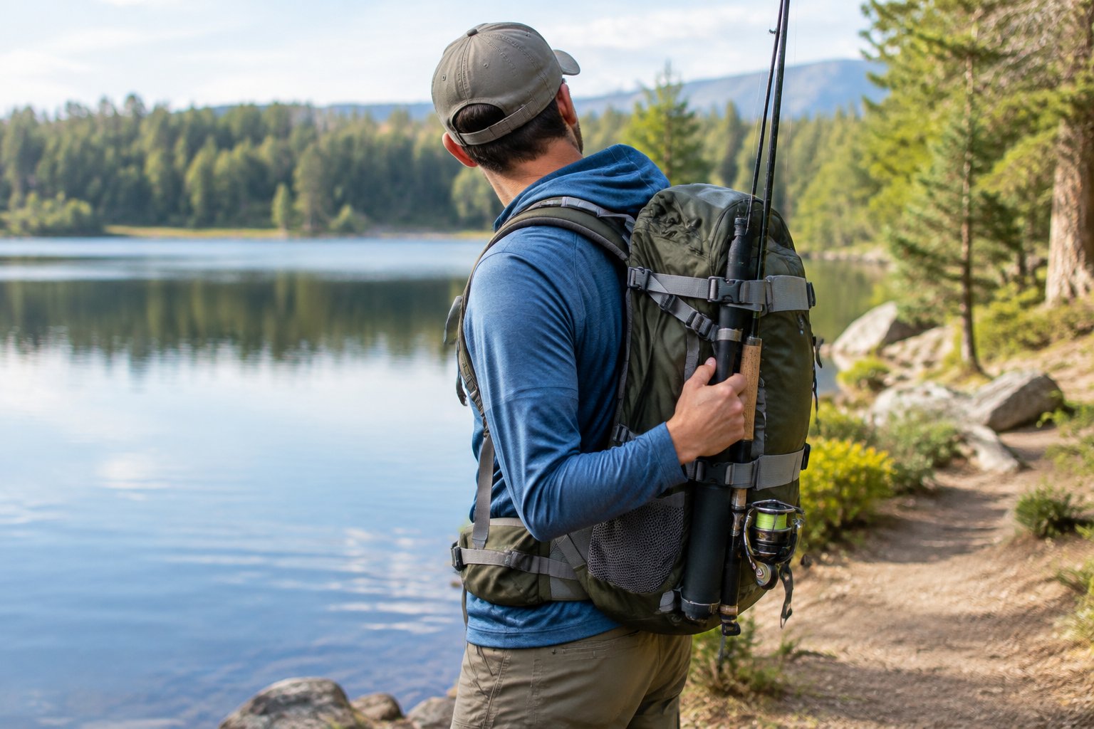 An angler adjusts a fishing rod secured to a backpack beside a lake.