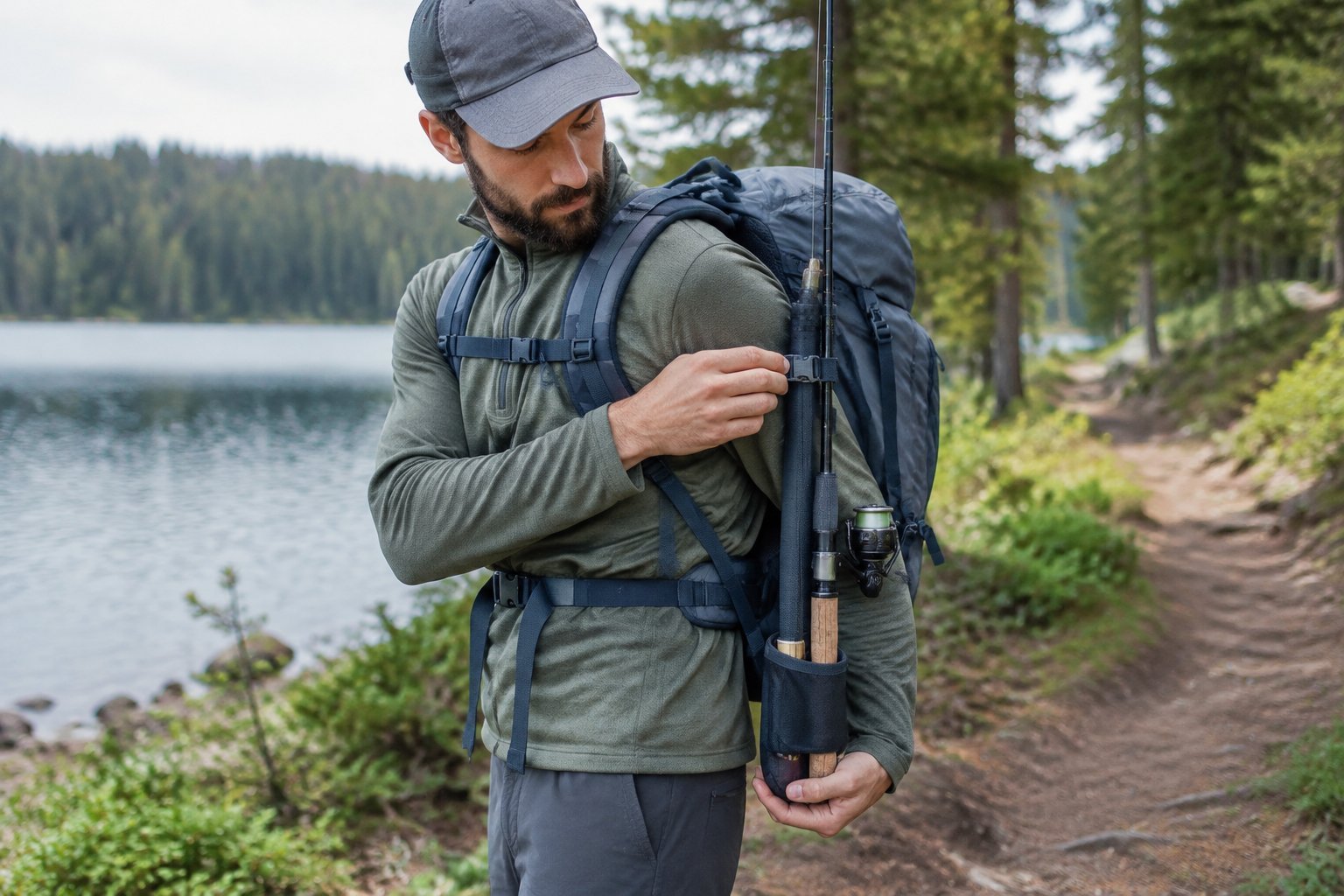 A hiker secures a fishing rod to a backpack beside a forest trail.