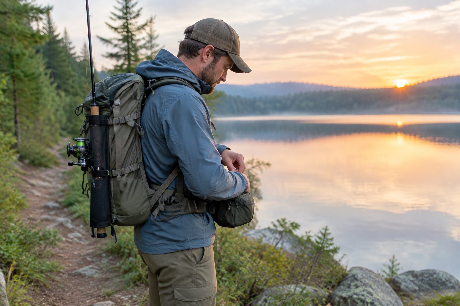 An angler wearing a backpack with a fishing rod secured in its holder beside a calm lake.