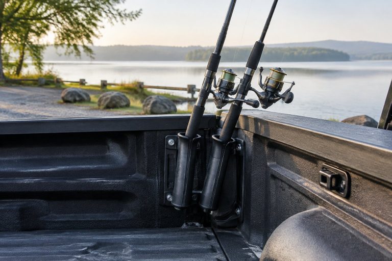 Fishing rods sit in a holder mounted in the bed of a pickup truck.