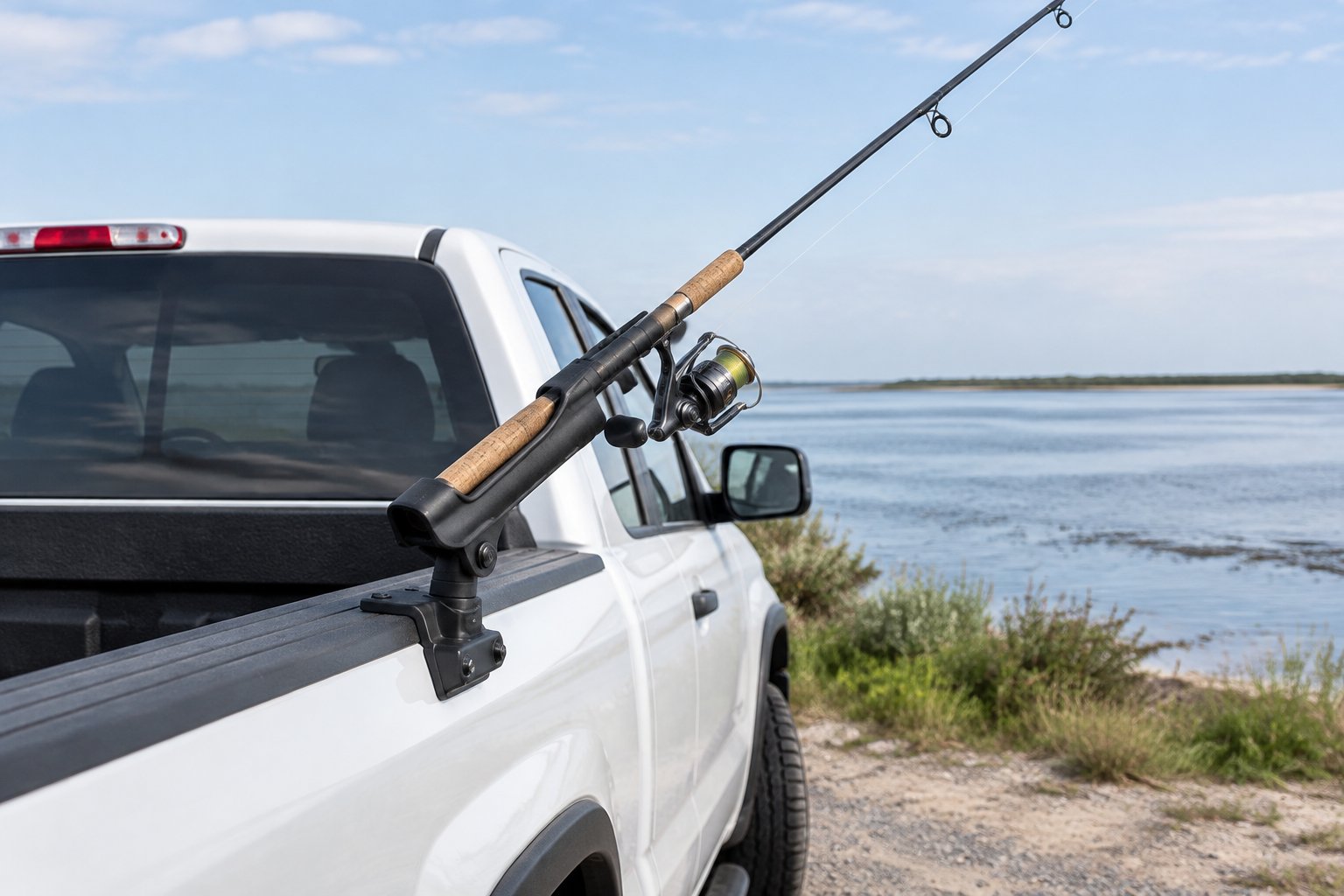 A fishing rod rests in a holder mounted on the bed rail of a pickup truck near the coast.