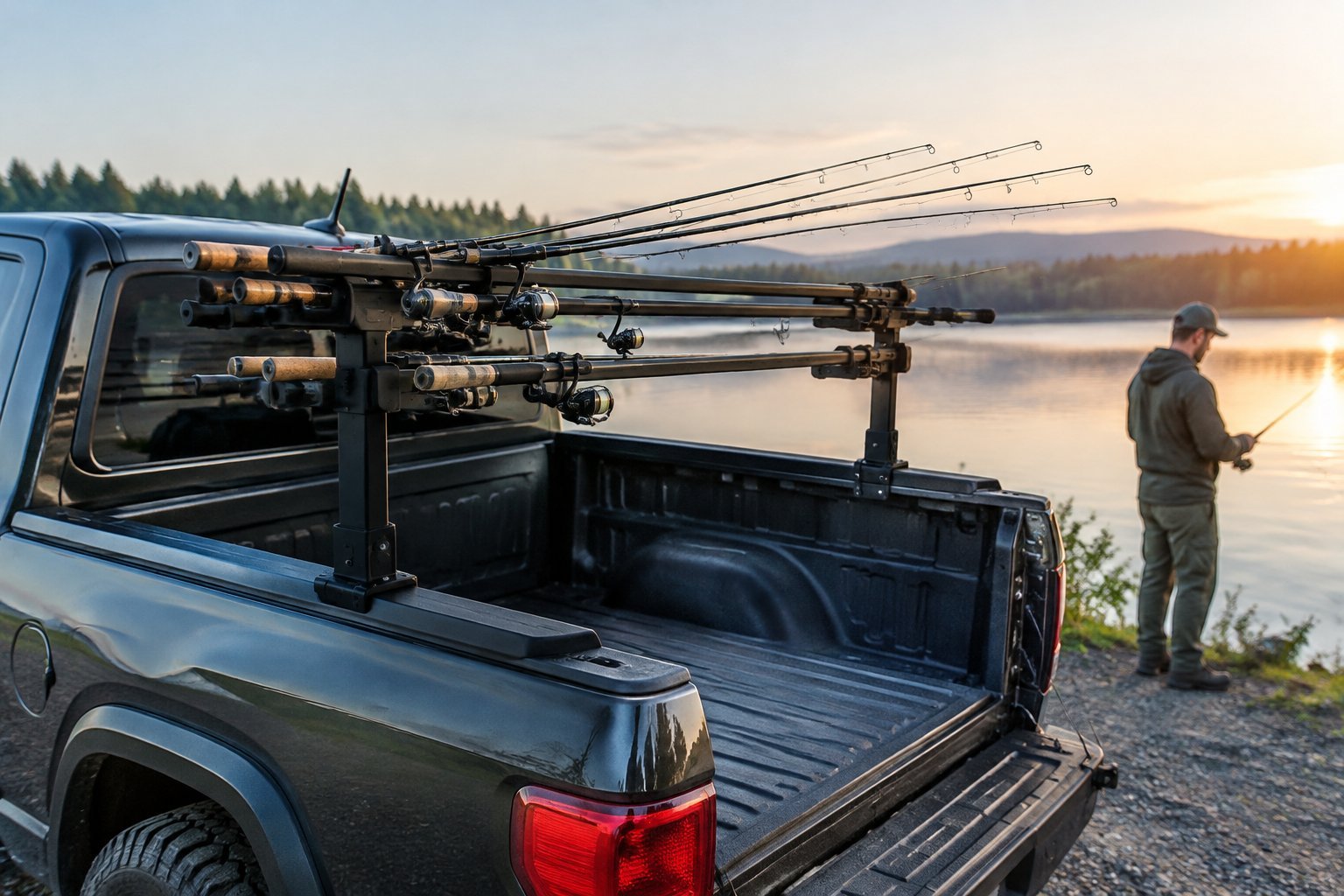 Fishing rods secured in a rack in the bed of a pickup truck beside a lake.