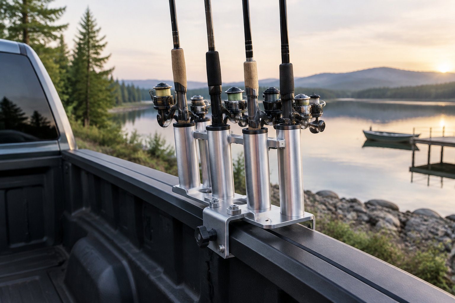 Fishing rods sit in an aluminum holder clamped to a pickup truck bed beside a lake.