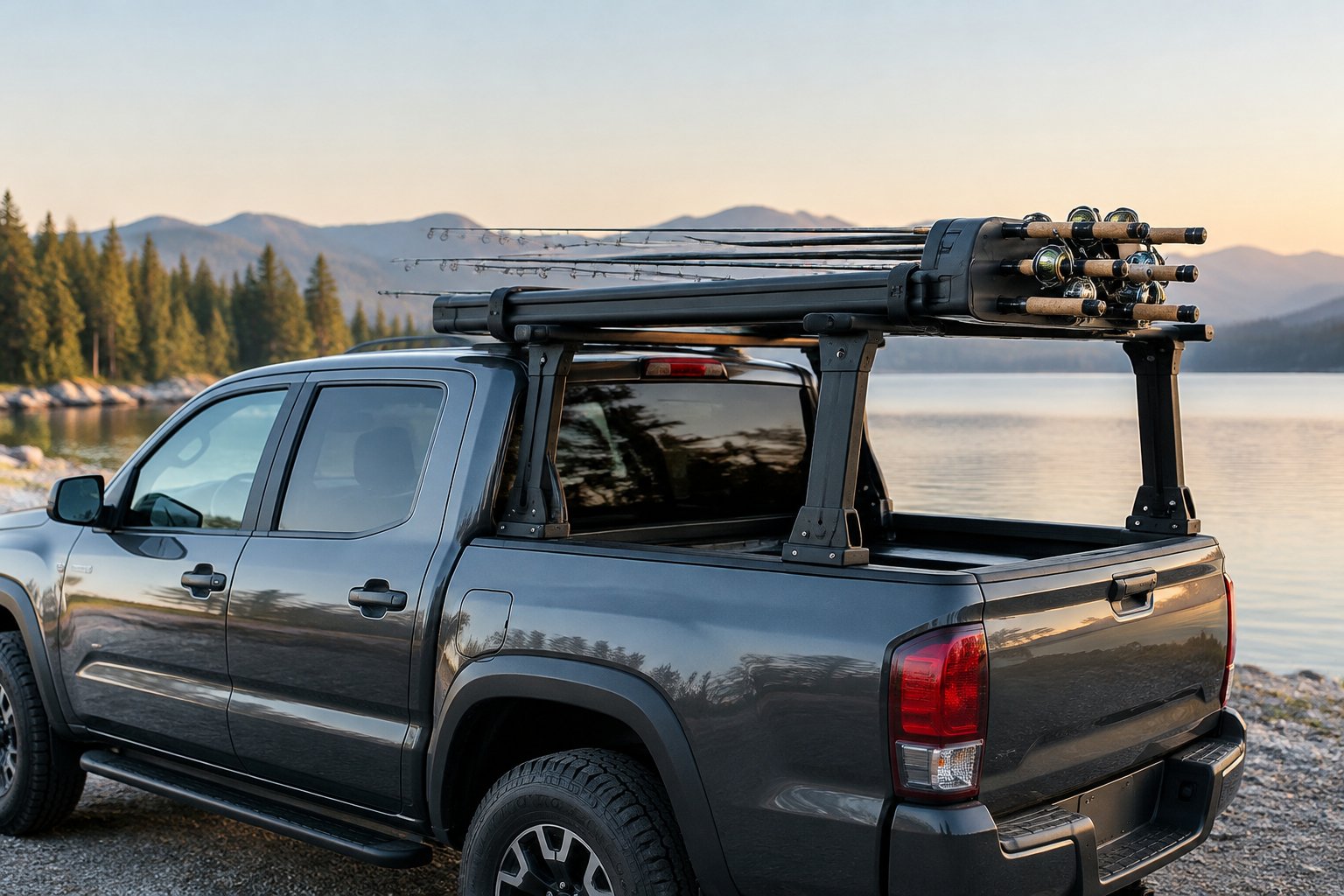 Fishing rods secured in a holder mounted above a pickup truck bed near a lake.
