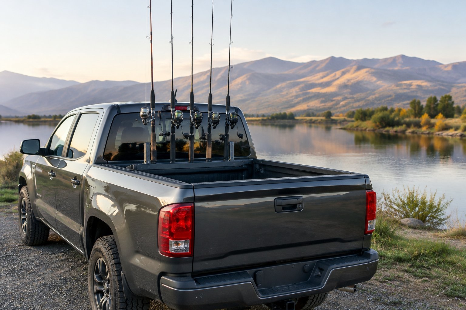 Fishing rods secured in a holder mounted in the bed of a pickup truck beside a river.