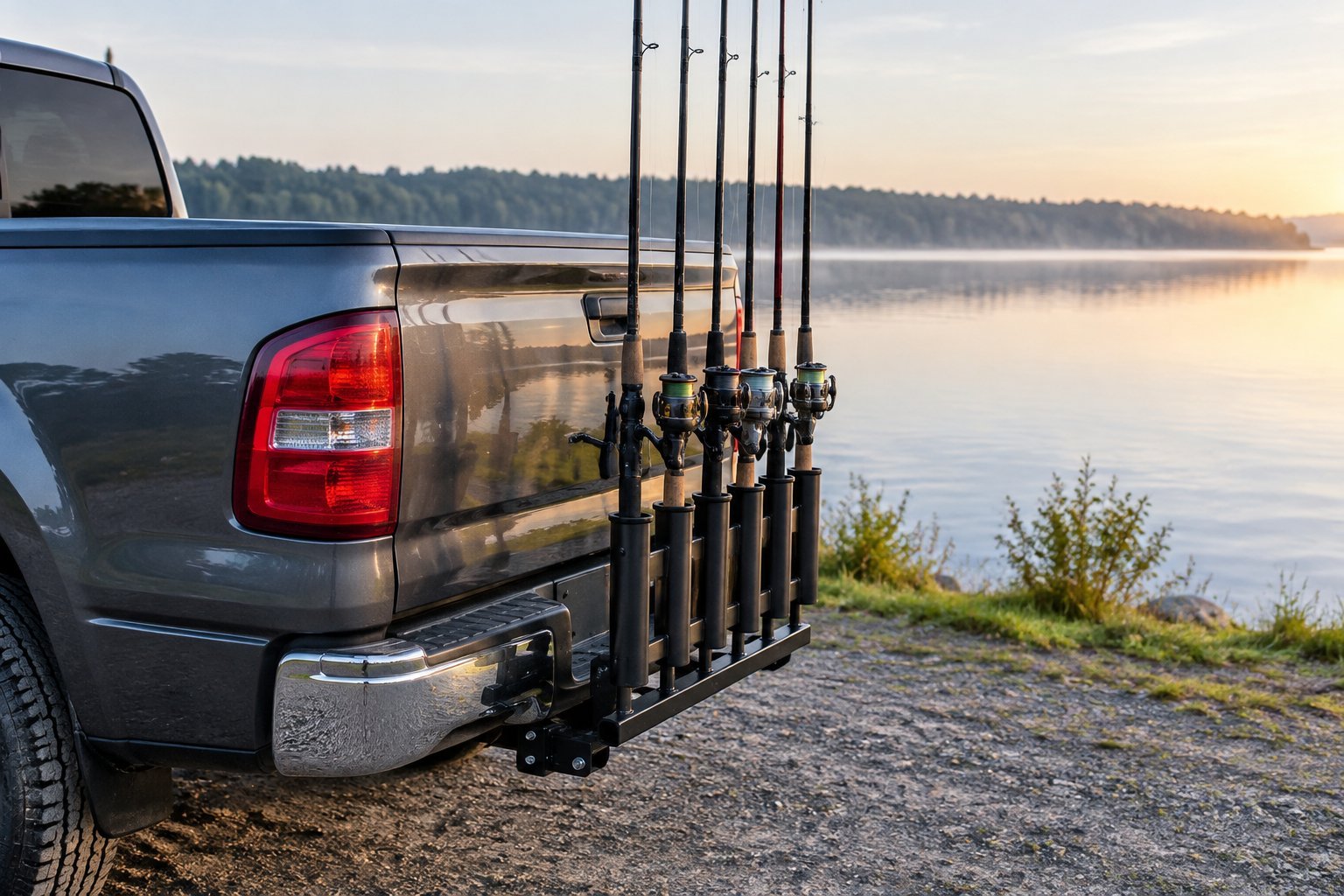 Six fishing rods secured in a holder mounted on the rear bumper of a pickup truck beside a lake.