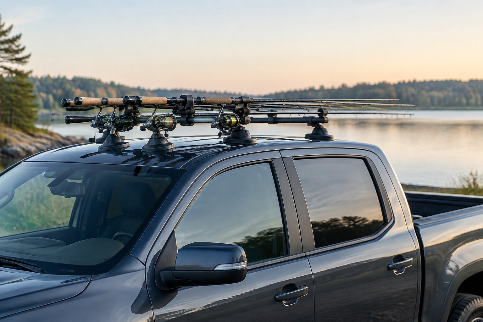 Fishing rods secured in a roof-mounted holder on a pickup truck beside a lake.