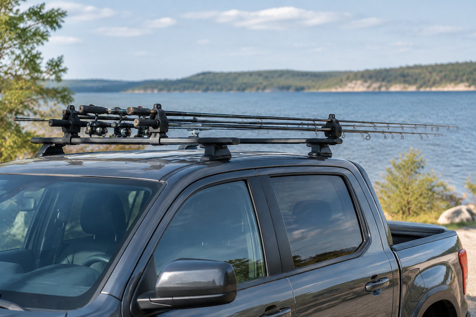 Fishing rods secured in a roof-mounted holder on a pickup truck beside a lake.