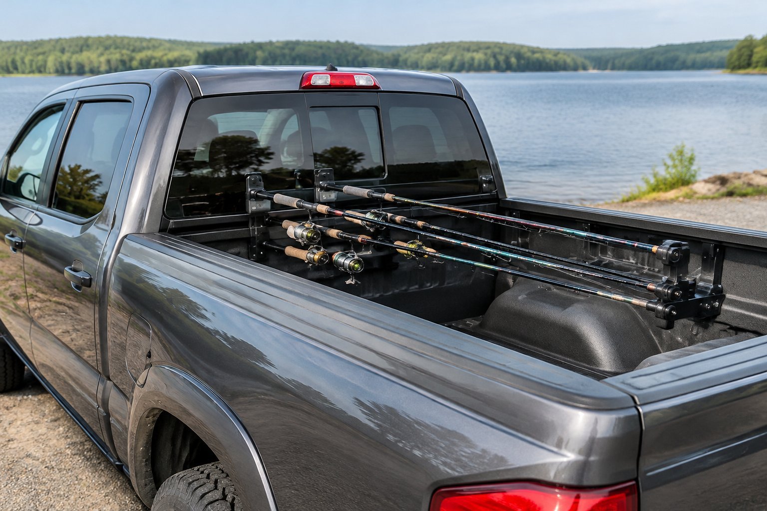 Fishing rods secured in a holder in the bed of a pickup truck beside a lake.
