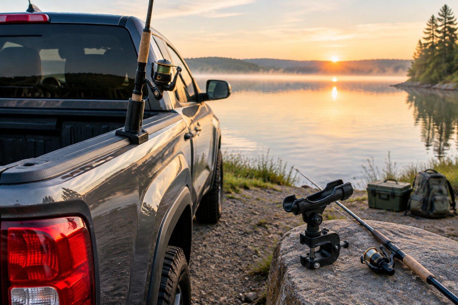 A pickup truck beside a lake with one fishing rod in a mounted holder and a removable holder nearby.