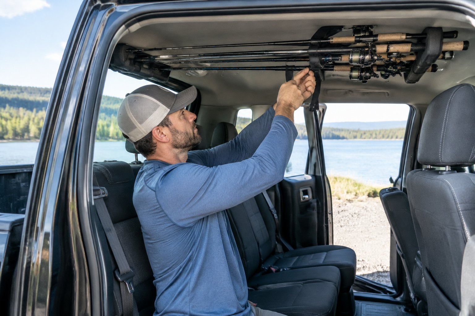 An angler secures fishing rods in a holder inside a pickup truck.