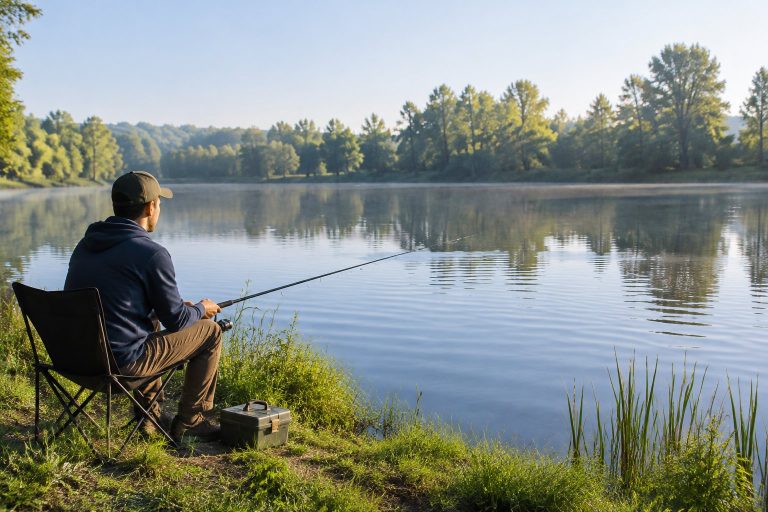A person fishes from the grassy bank of a calm pond.