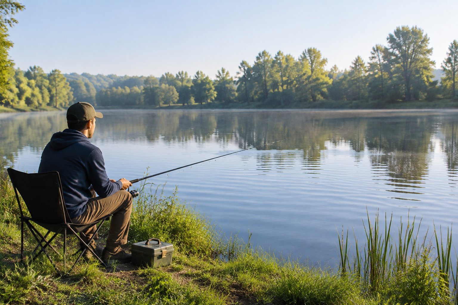 A person fishes from the grassy bank of a calm pond.