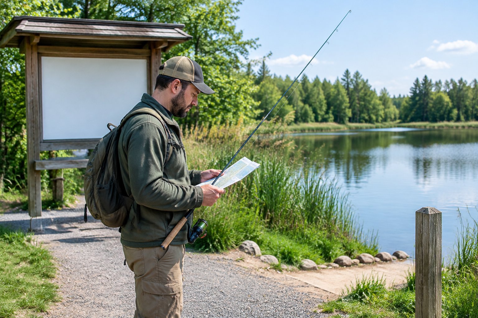 An angler checks a map beside a pond before fishing.
