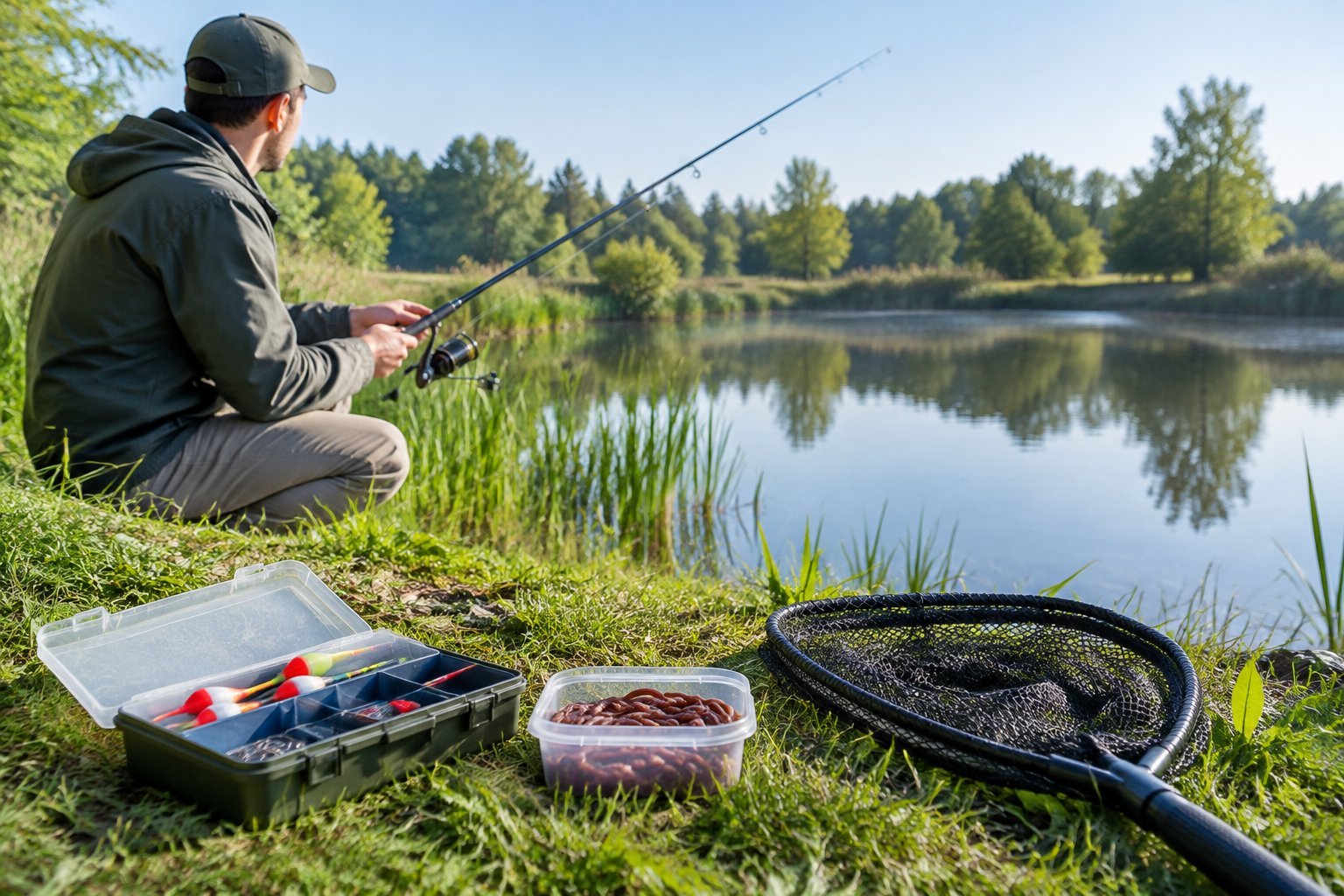 A beginner prepares a fishing rod and bait beside a pond.