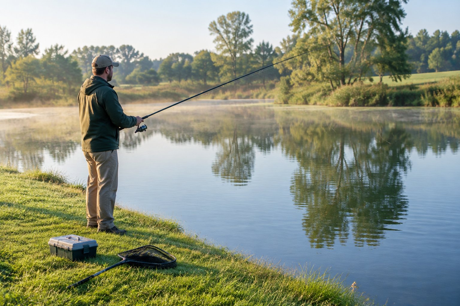 An angler casts a fishing rod from a grassy pond bank.