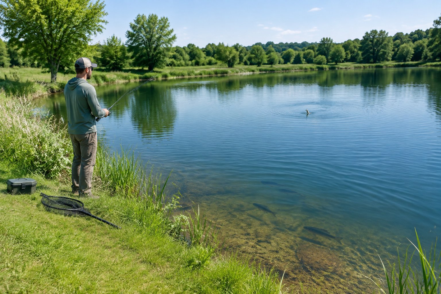 An angler fishes from the grassy bank of a pond.