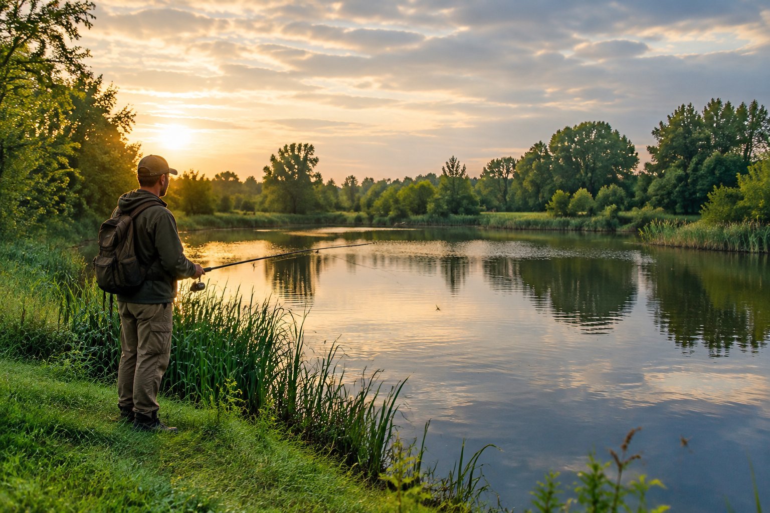 An angler fishes from the grassy bank of a pond in the early morning.
