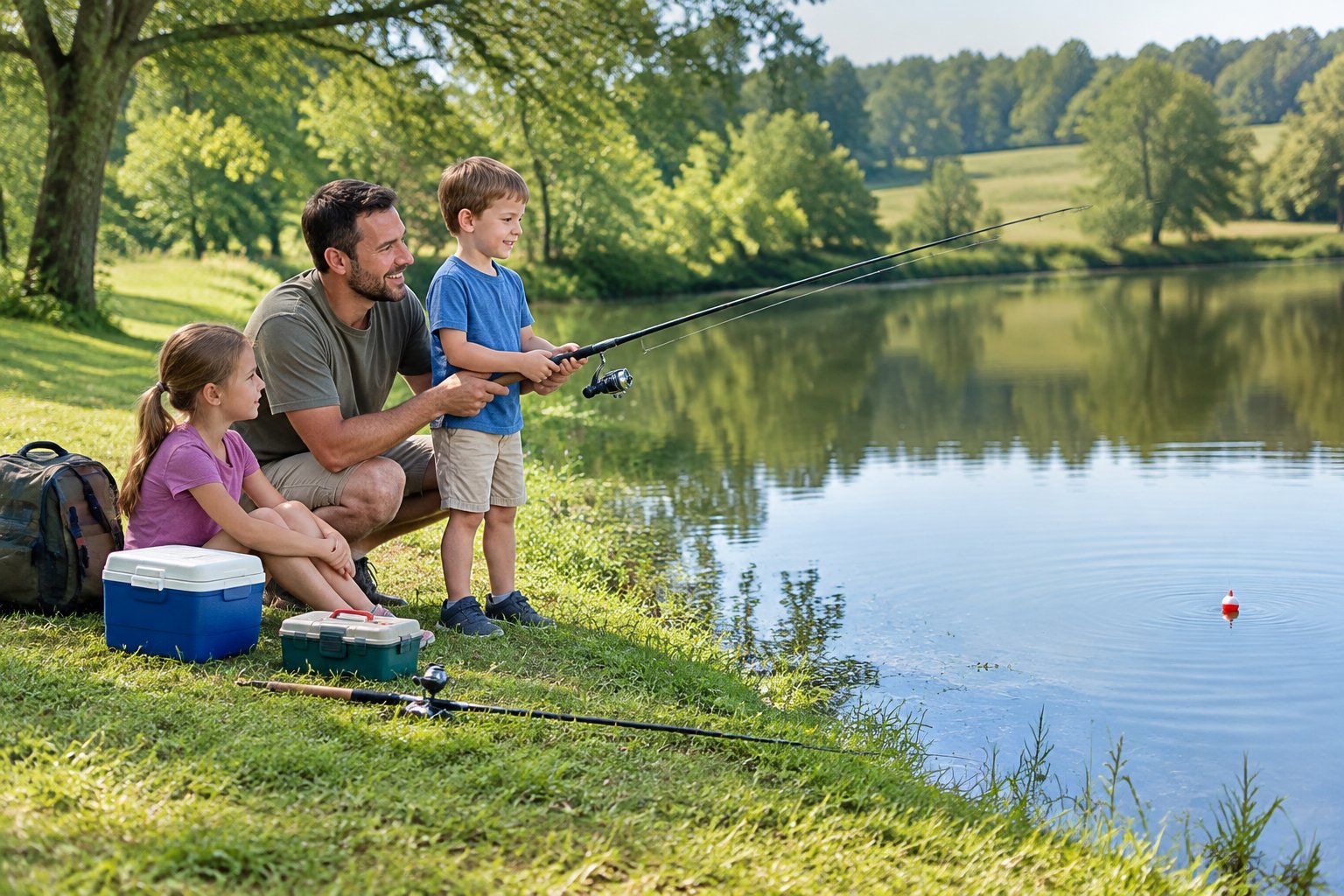 A parent helps two children fish beside a calm pond.