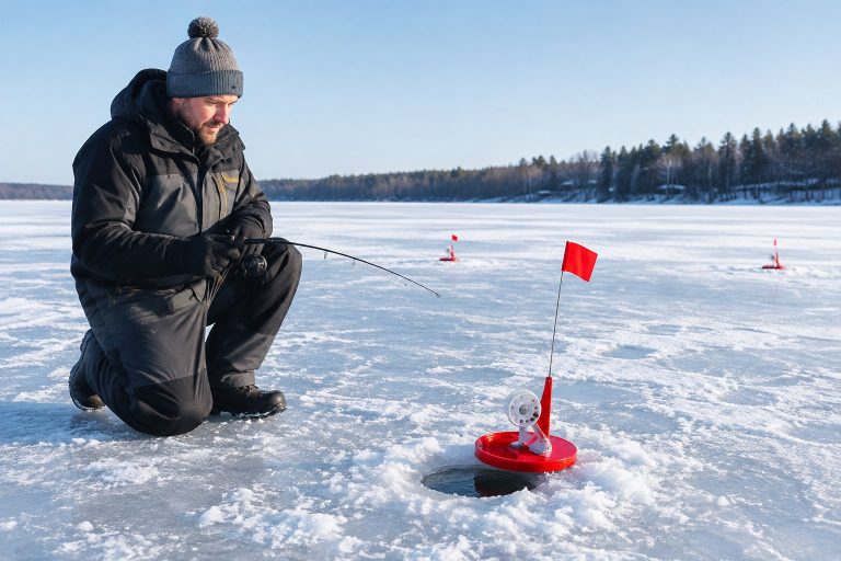An angler checks a tip-up beside a fishing hole on a frozen lake.
