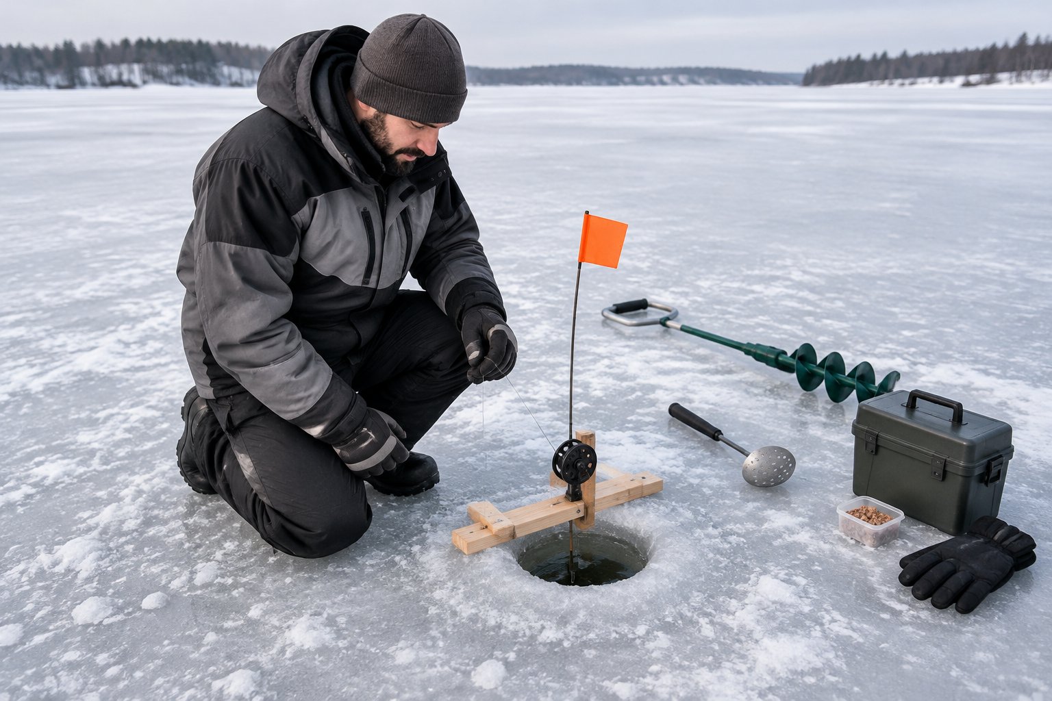 An angler checks a tip-up set over a hole in a frozen lake, with ice-fishing gear nearby.