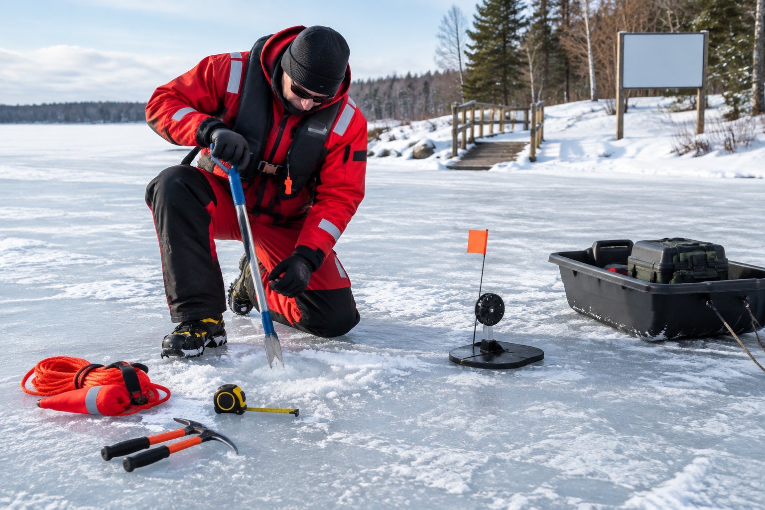An ice angler checks the thickness of lake ice beside a tip-up and safety gear.