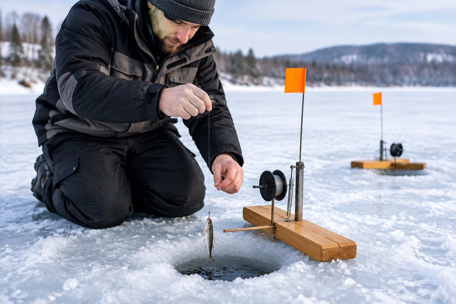 An angler lowers bait through an ice-fishing hole beside a tip-up.