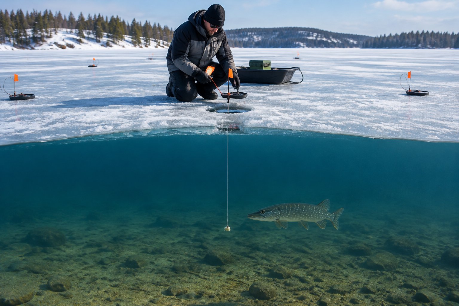 An ice angler checks a tip-up beside several fishing holes, with bait suspended underwater above the lakebed.