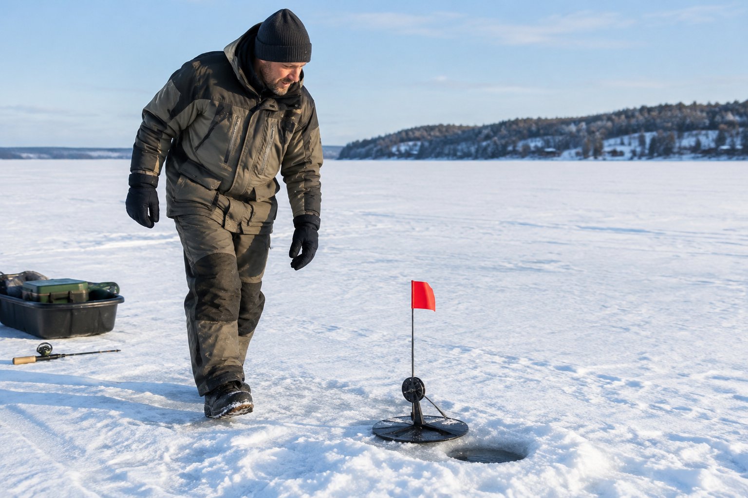 An ice angler approaches a tip-up with its red flag raised beside a fishing hole.