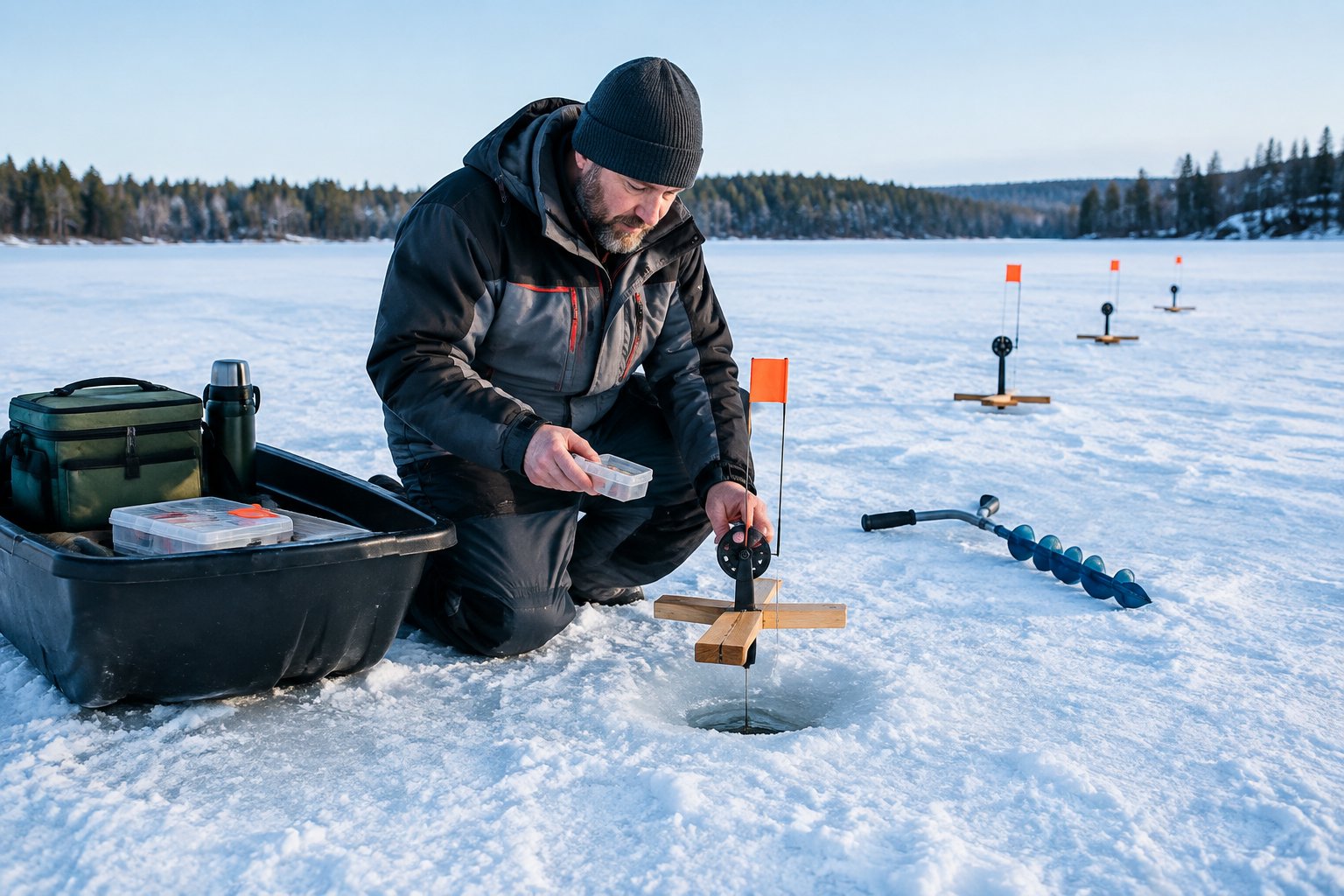 An angler prepares a tip-up beside an organized sled on a frozen lake.