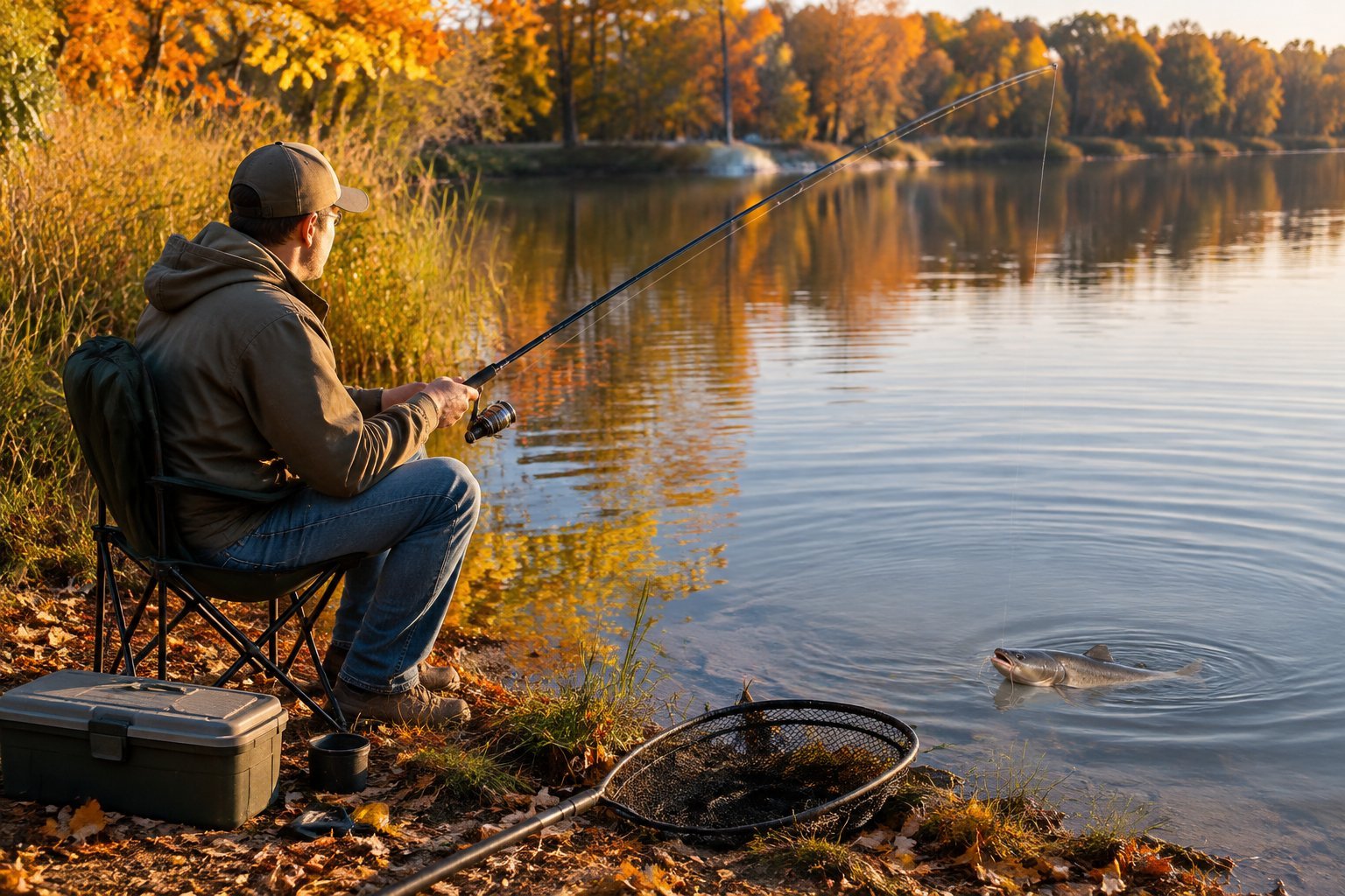 An angler fishes for catfish beside a calm lake surrounded by autumn foliage.