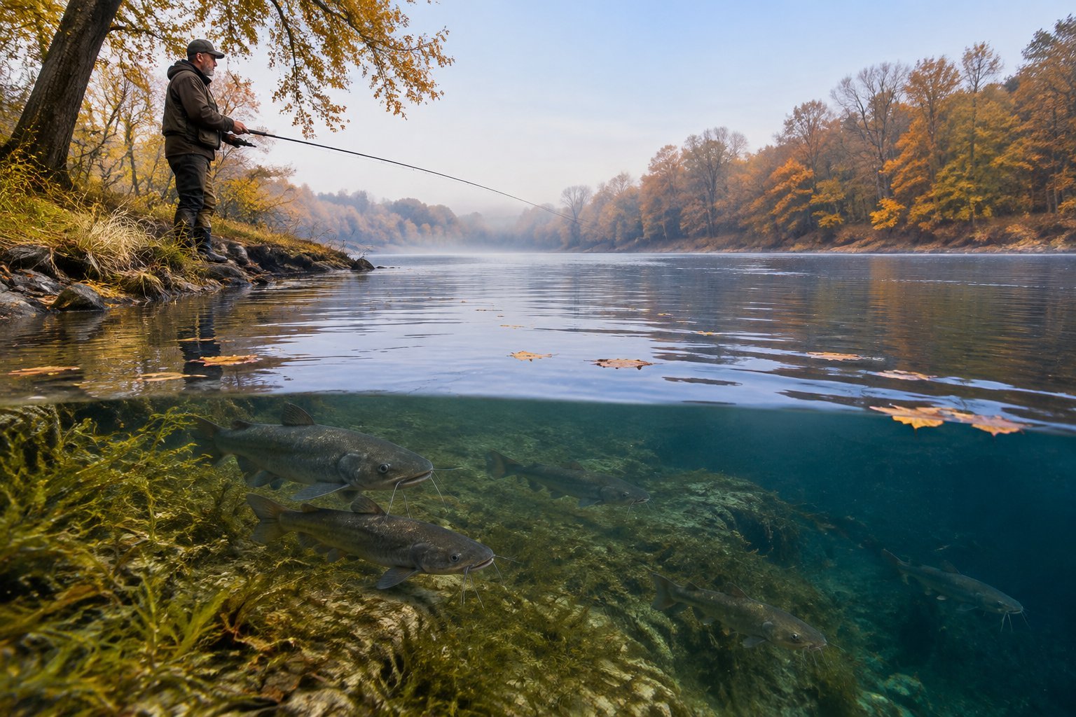 An angler fishes from a leafy riverbank as catfish move toward deeper water.