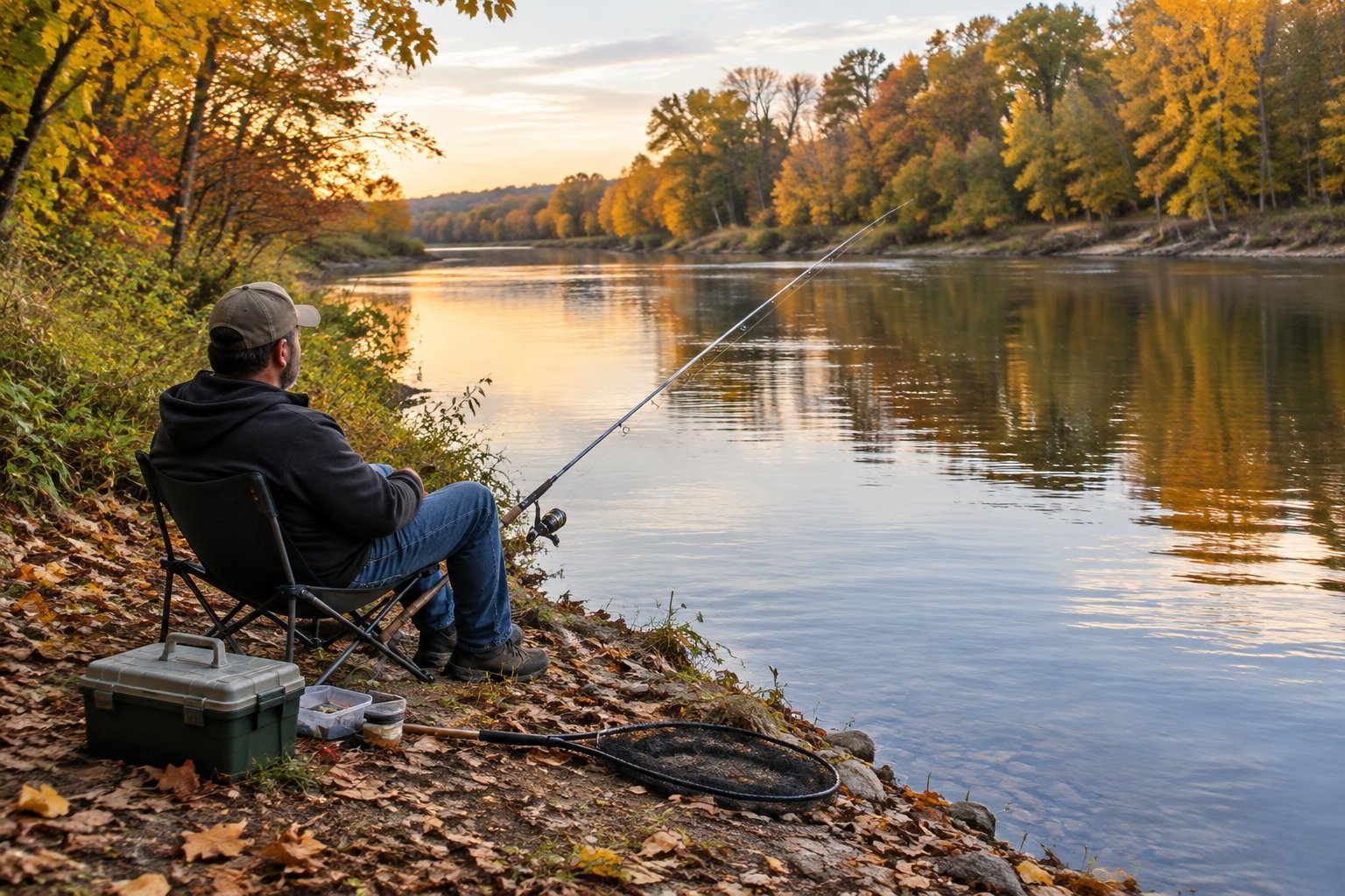 An angler fishes from a riverbank surrounded by autumn foliage.