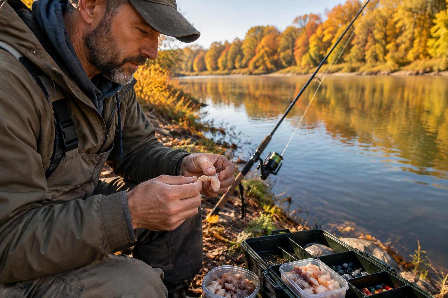 An angler prepares bait for catfish beside a calm lake in autumn.