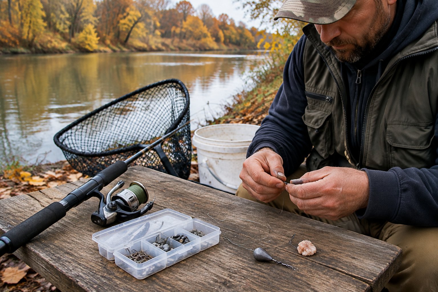 An angler prepares a simple catfish rig beside a leaf-lined river in autumn.