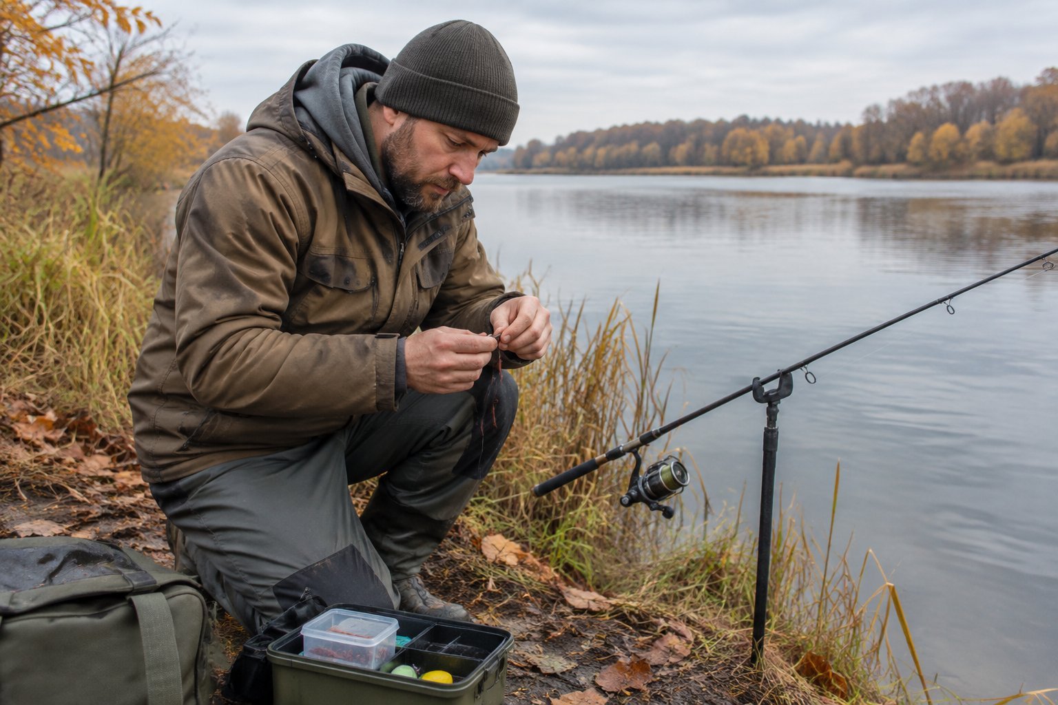 An angler adjusts fishing tackle beside a calm autumn lake.