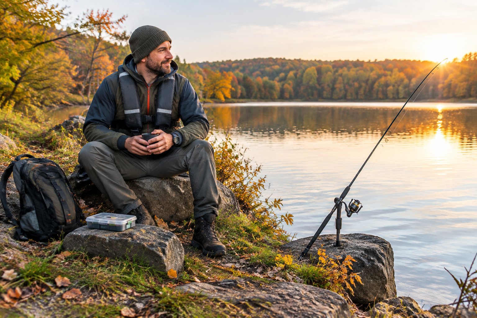 An angler in a life jacket fishes from a leafy autumn riverbank.